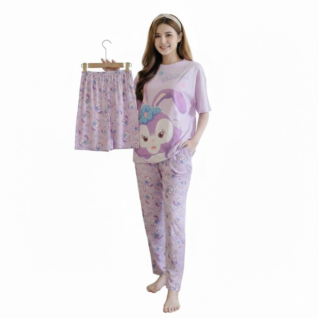 Womens Lycra Printed Korean Night Suit Set|Soft & Breathable Short Sleeve Top & Korean Print Pyjama Set|Comfortable Home Wear, Travel, Sleepwear for Girls & Women-image-32