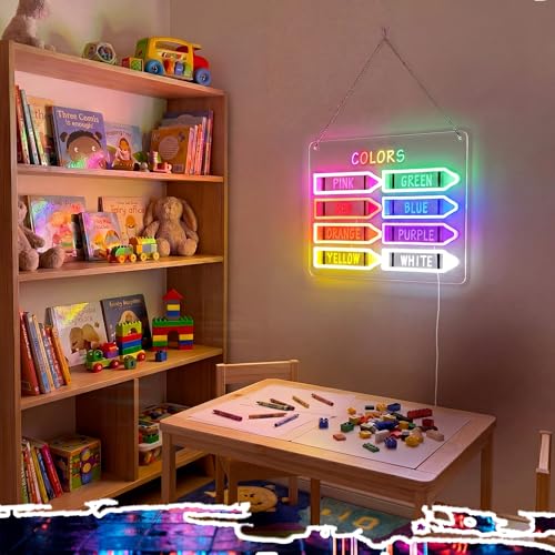 Image of Retisee 15.8 x 11 Inches Classroom Crayon Colors Neon Sign Back to School Colorful LED Neon Sign Crayon Wall Door for Classroom Playroom Kindergarten Hanger Decor