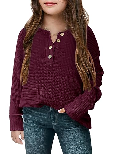 Image of rrhss Girls Waffle Knit Sweaters Trendy Henley Button V Neck Long Sleeve Pullover Jumper Tops