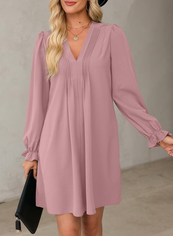 Image of Dokotoo Womens Casual Dress A-Line Ruffle Sleeve V Neck Midi Dress 2025 Fashion Pleated Flowy Sundress Loose Shirt Dresses