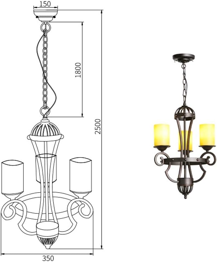 Retro Three-Head Candle Ceiling Lamp, American Classical Garden Wrought Iron Antique Candlestick Chandelier Glass Lampshade, Bedroom Dining Room Decoration Hanging Lamps Lighting Device