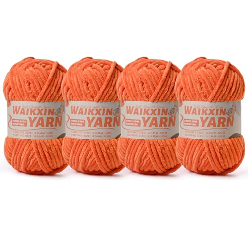 Image of (4 Orange) 4 Pack Super Soft Fuzzy Chenille Chunky Yarn for Crocheting, 400g (350yds) Velvet Fluffy Amigurumi Yarn for Hand Knitting Baby Blankets Weaving Craft