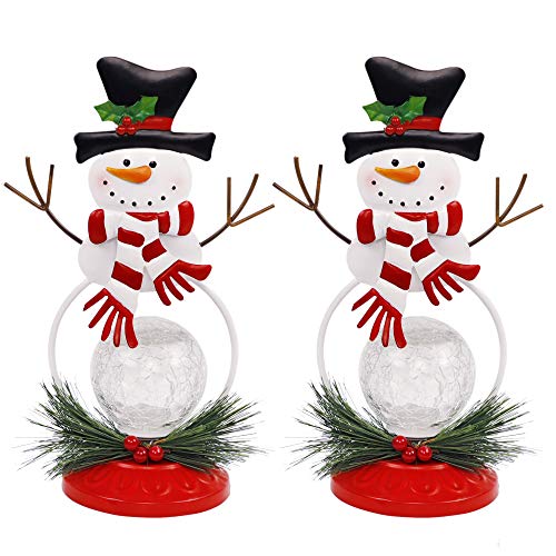 Lulu Home Lighted Christmas Table Decorations, 2 Pack 11.2 Inch Christmas Snowman Ornaments with Lighted Glass Ball, Battery Operated Lighted Snowman Decorations, Xmas Holiday Winter Tabletop Ornament