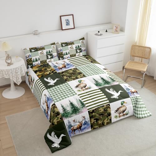 Image of Feelyou Kids Mallard Duck Comforter Set Queen Size, Duck Hunting Bedding Set Green Duck Comforter for Boys Girls Deer Hunting Duvet Insert Bed Set 3Pcs
