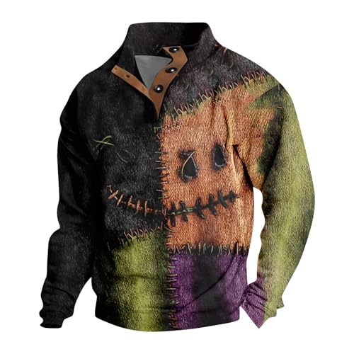Halloween Sweatshirts for Men Cool Button Up Henley Hoodie Funny Spooky Pumpkin Face Print Pullover Long Sleeve Tops