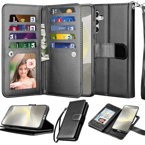 NJJEX Galaxy S24 Case, for Samsung Galaxy S24 Wallet Case, [9 Card Slots] PU Leather ID Credit Holder Folio Flip [Detachable] Kickstand Magnetic Phone Cover & Lanyard for Samsung S24 [Black]