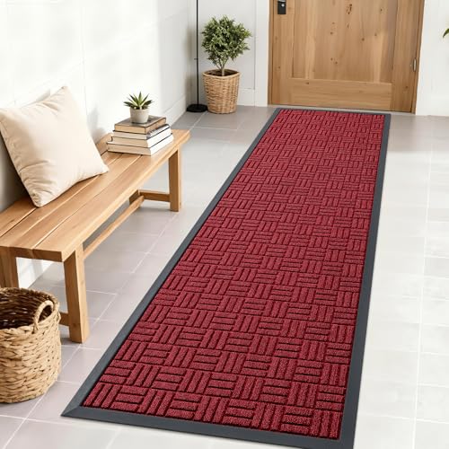 Image of OLANLY Front Door Mat Outside Entrance 71x23, Absorbent, Heavy Duty Sturdy Natural Rubber Doormat Indoor Outdoor, Non-Slip, Stain and Fade Resistant, Low Profile Floor Mat for Entryway, Black Red
