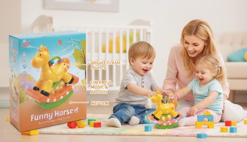 PB Prime Brands Funny Horse Musical Rocking Toy with Lights & Music | Swing Action | Battery Operated Kids Toy for Toddlers & Babies (Yellow) 1