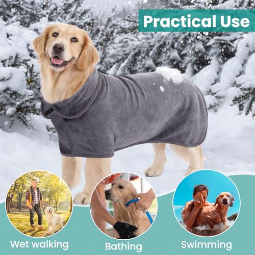 PETTOM Hundebademantel, Bademantel Hund Extra Saugfähig, Hunde Bademantel Mikrofaser Schnelltrockend, Hundetrockenmantel für Große Hunde (L, Grau)