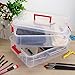 JUXYES 2-Tiers Stack Carry Storage Box With Handle, Transparent Stackable Storage Bin With Handle Lid Latching Storage Container for School & Office Supplies (Red)