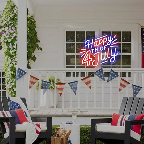 Image of Happy 4TH of July Decors Neon Sign Happy Independence Day Led Sign 4th of July Celebration Light Patriotic Welcome Memorial Day Decoration, 15.4 inchx12.6 inch