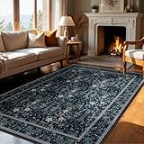 Joydeco Machine Washable Area Rugs 5x7, Boho Floral Rug for Bedroom Non Slip, Soft Forest Botanical Low-Pile Floor Indoor Throw Carpet for Living Dining Room Dorm Office, Blue-Black