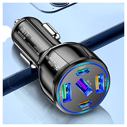 5-Port USB Car Charger,75W Type C Car Charger Fast Charge, Car Accessories Cigarette Lighter USB Charger Compatible with iPhone 14/13/12/Mini/Pro/Pro Max (QC3.0/Type-C Black)