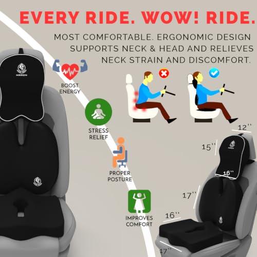 Image of MRRON Memory Foam Posture Corrector Car Seat Cushions Combo | Orthopedic Backrest, Coccyx Cushion & Neckrest | Ergonomic Lumbar Comfort Seat Cushion | (Black, Backpro)