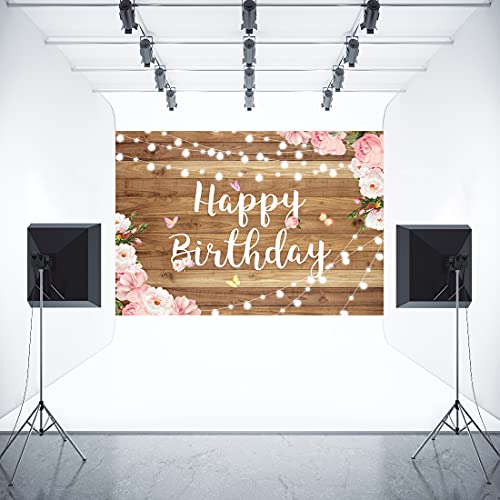 Aperturee 7X5Ft Pink Floral Happy Birthday Backdrop Wooden Floor Butterfly Watercolor Flowers Girls Women Photography Background Banner Cake Table Supplies Party Decoration Photo Booth Props Banner #TOP3