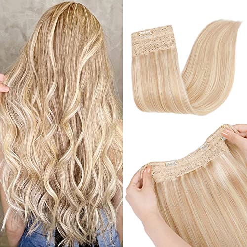 Maxfull Halo Hair Extensions Ash Blonde Highlights, Invisible Miracle Wire Remy Human Hair with 4 Clips, 14inch, 90g