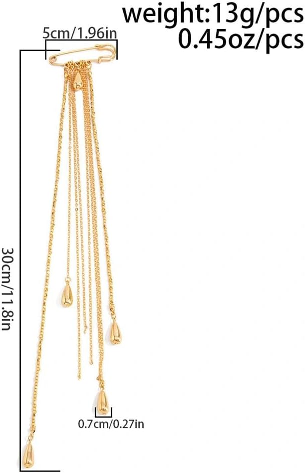Gold Tassel Dangle Pin Brooch for Women, Long Beaded Link Chain Teardrop Pendant Waist Pin Brooch, Coat Lapel Pin Vintage Suit Accessories Party Gift