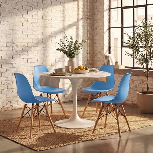 Image of Furmax Dining Chairs Set of 4, Mid Century Modern Plastic Dining Chair w /Curved Backrest & Wood Legs, DSW Shell Lounge Side Chair for Dining Room Living Room Apartment, Kitchen Chairs (Blue)