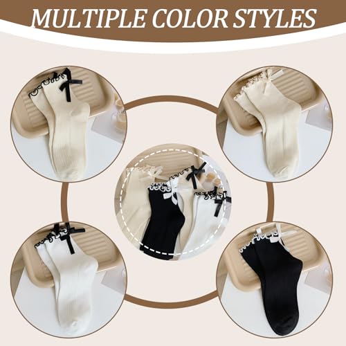 4 Pairs Womens Bow Socks,Cute Frilly Ruffle Casual Crew Socks, Soft Breathable Cotton JK Bow Socks4