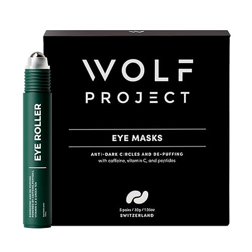 Wolf Project - Juego de cuidado de ojos - Rodillo energizante para ojos + máscara debajo de los ojos para ojeras e hinchazón, con cafeína, vitamina