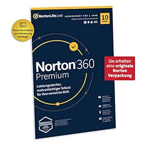 Norton 360 Premium 2022 | 10 Geräte | Antivirus | Unlimited Secure VPN & Passwort-Manager | 1 Jahr | PC/Mac/Android/iOS | Aktivierungscode in Originalverpackung