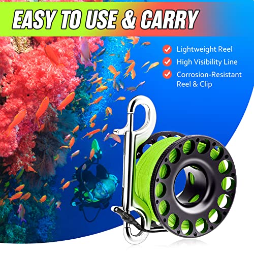 Scuba Diving Reel, Aluminum Alloy Wreck Cave Finger Spool With 30M/100Ft High Visibility Line And Double-Ended Bolt Snap Clip Fits For Outdoor Diving Activities Fluorescent Green #TOP1