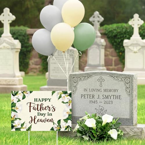 Frienda Fathers Day Happy Birthday in Heaven Decoration Heavenly Birthday Yard Sign with Stake Cemetery Decorations for Grave Waterproof Outdoor Garden Memorial Sign for Gravesite Garden Yard Favor