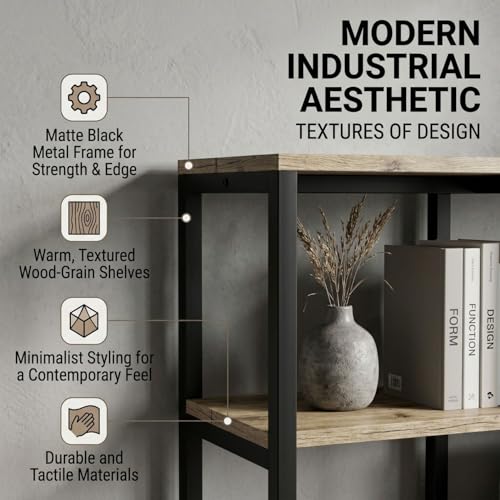 Image of FFO Modern Bedside Table with Drawer & Open Shelf, Wooden Top with Metal Frame, Compact Nightstand for Bedroom, End Table for Living Room
