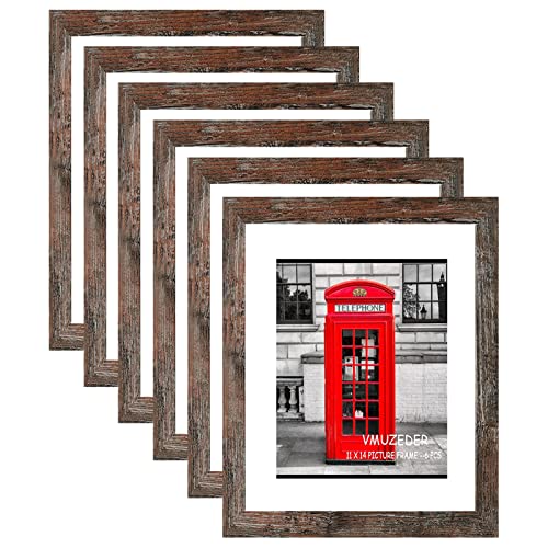 VMUZEDER 11x14 Picture Frame Rustic Brown Wood Set of 6,Display Pictures 8x10 with Mat or 11x14 Without Mat,Multi Photo Frames Collage for Wall