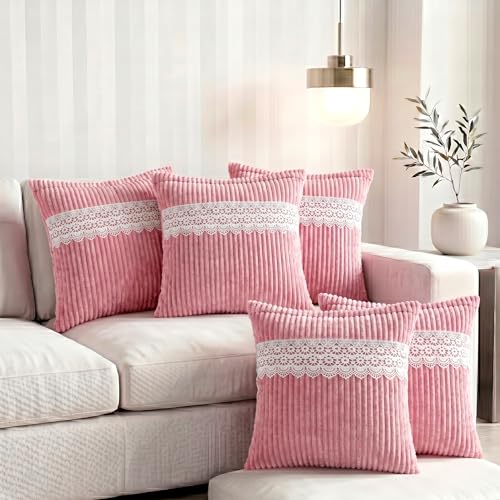 RD TREND® Cushion Cover 16 Inch x 16 Inch | Decorative Lace Trim with Corduroy Double-Sided Striped Sofa Pillow Cover Set of 5 for Living Room & Bedroom Home Décor | Peach