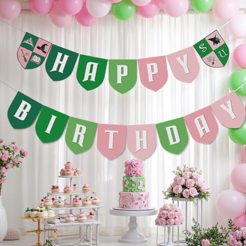 Image of Green and Pink Happy Birthday Banner Sign, Good and Bad Witch Party Decoration Flag, Paper Cutout Banner Backdrop, Green and Pink Party Supplies, Assembly Required