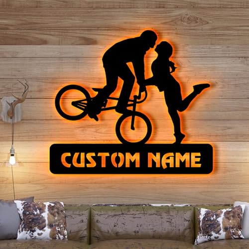 Image of Mountain Biking Classes Near Me Couple Stoppie Kiss Metal Wall Art With LED Light, Gift For Moutain Biking Lover, Wall Art Hanging Home Decor Birthday Xmas Gift