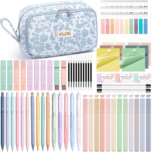 Fournitures scolaires esthétiques : lot de 62 pièces avec trousse et stylos pastel