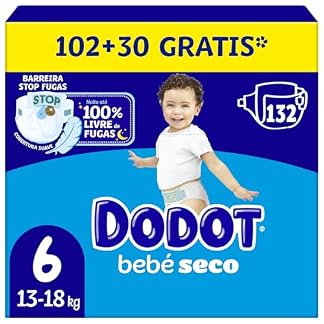 Dodot Pañales Bebé-Seco, Talla 6 (13-18 kg), 132 Pañales + 1 Pack de 10 Toallitas Regalo de Aqua Plastic Free, Una Noche Hasta Un 100% Libre De Fugas, Pack Mensual