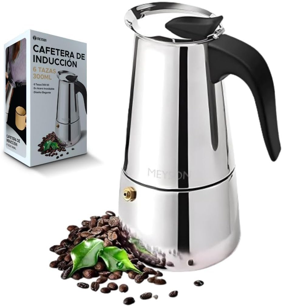 Italian coffee maker in stainless steel 6 cups (300 ml) Italian coffee maker induction for espresso. Compatible with gas, ceramic and induction. Home and office use. Moka coffee machine.