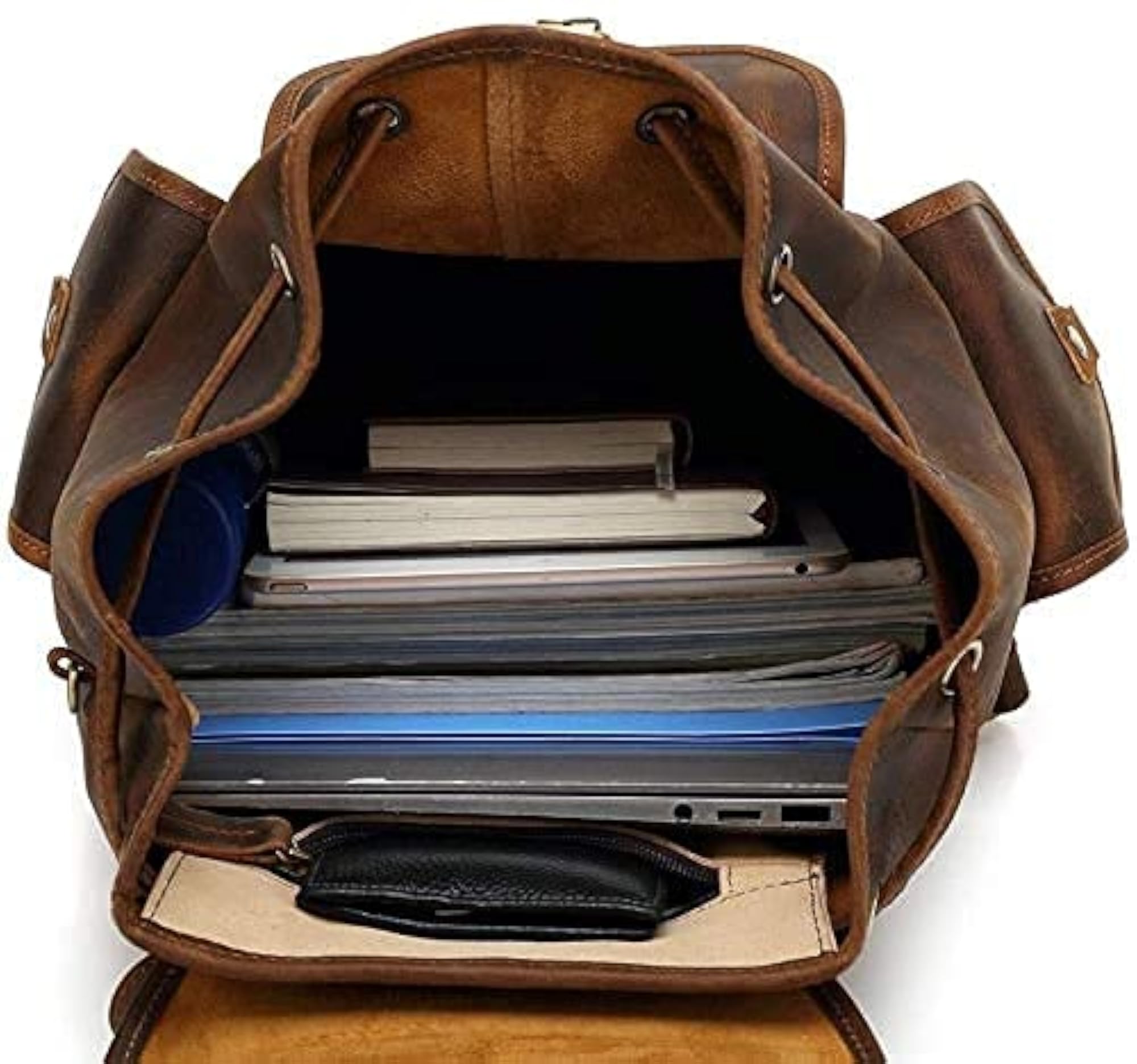 16" Brown Leather Vintage Rucksack Backpack, Lightweight Travel