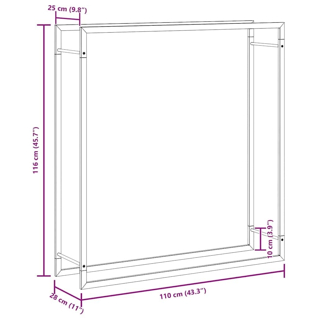 Brennholzregal Stahl Schwarz 110x28x116 cm | Pulverbeschichtet, Witterungsbestandig, Mit Wandhalterung, Trockenes Brennholz