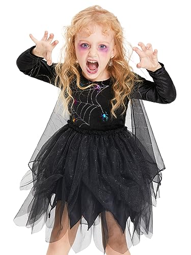 Photo 1 of AlecosFun Girls Spider Witch Costume, Glitters Tulle Dress with Sheer Cape Suit for Kids Halloween Dress Up 3-10 Years 8-10Y