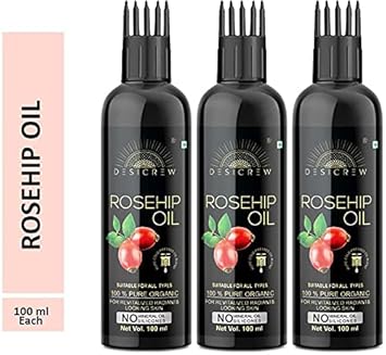 Desicrew Rosehip Oil - WITH COMB APPLICATOR - Cold Pressed - For Face, Nails, Hair and Skin 100mL Pack of 3 Bottle 300ml Hair Oil (300 ml)