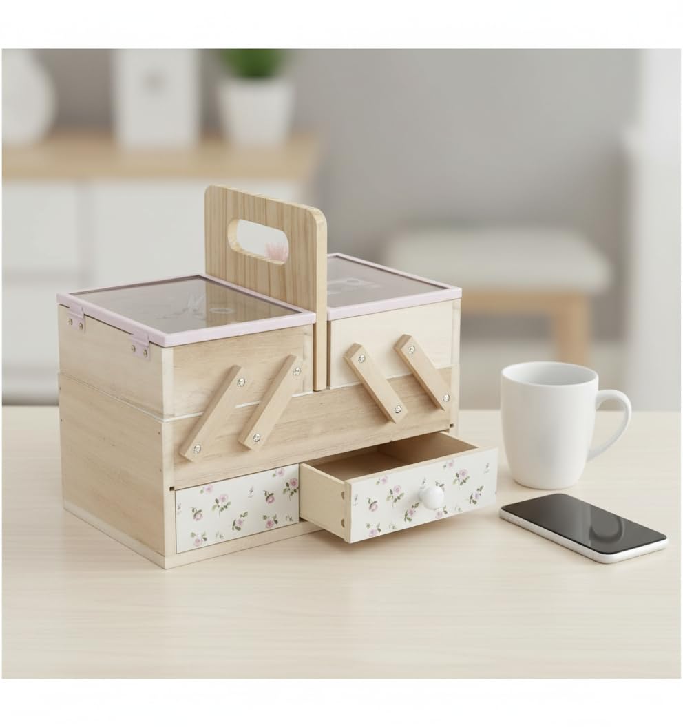 Caja Costurero Madera Abatible con Cajón 20x11 cm