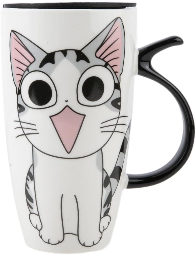 lachineuse - Happy Cat Mug 600 ml - Large XXL White Porcelain Mug - Japanese Tea & Coffee Cup - with Insulated Lid - Kawaii Lucky Cat Mug - Japan Asia Gift Idea Mug - Giant Mug