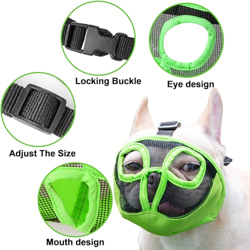 Image of Short Snout Dog Muzzles- Adjustable Breathable Mesh Bulldog Muzzle for Biting Chewing Training Grooming Dog Mask,Green L