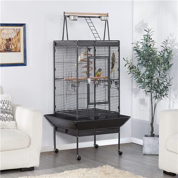 Abician Grande Cage Oiseaux Volière avec Pied sur Roulette 81 x 76 x 174 cm Noir