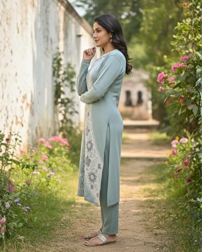 Image of KTI Full Sleeve Knee Length Floral Design Woolen Fabric 3 PC Kurti Set for Women Art NO-94164