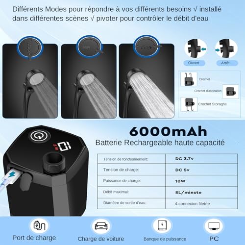 Pompe de douche rechargeable camping extérieure avec écran LED et pompe étanche - 6