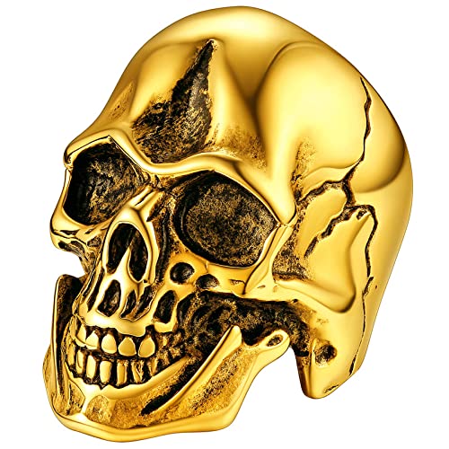 ChainsHouse Skull Rings for Men, Stainless Steel/Black Plated Gothic Rings, Skeleton Cocktail Party Biker Ring, Offer Custom Service, Size 7-14, Send Gift Box E: Skull Head-Gold-No Custom 12
