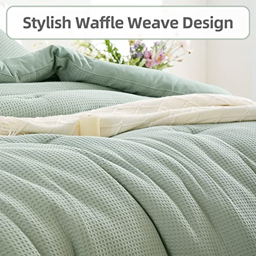 Weigelia Queen Comforter Set 3Pcs Sage Green Waffle Comforter Set With 2 Pillowcases Soft Cotton Bed Comforter Set Queen Size Lightweight All Season Solid Bedding Comforter Sets For Women And Men #TOP4