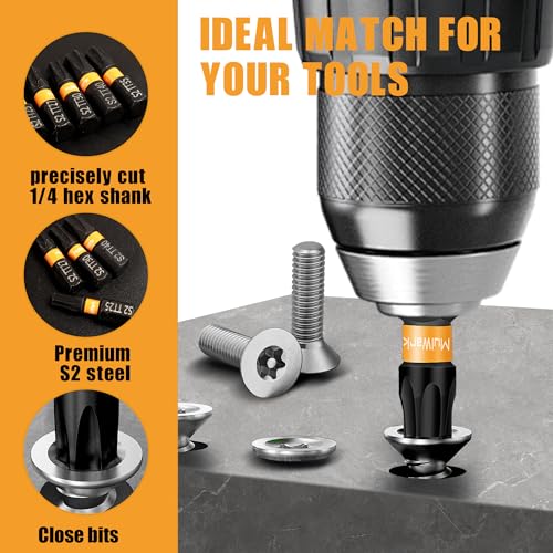 Image of MulWark 14-Piece Security Torx Bit Set - T5-T40 Star Bits Set, 1'' S2 Steel Tamper-Resistant Bits with Magnetic Bit Holder, 1 /4 inch Hex Shank - Christmas Gift, Holiday Tool Set, Xmas Stocking Stuffer