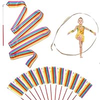 HiUnicorn 12PCS Rainbow Party Favors Dance Ribbons for Kids Circus Carnival Rhythmic Gymnastics Birthday Party Decoration Supplies, Ribbon Baton Twirling Sticks Silks Streamers Wands for Girls