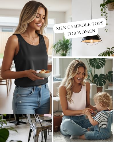 Image of 4 Pack Women's Lightweight Satin Tank Tops Silk Camisole Soft Sleeveless Layering Cami Scoop Neck Undershirt